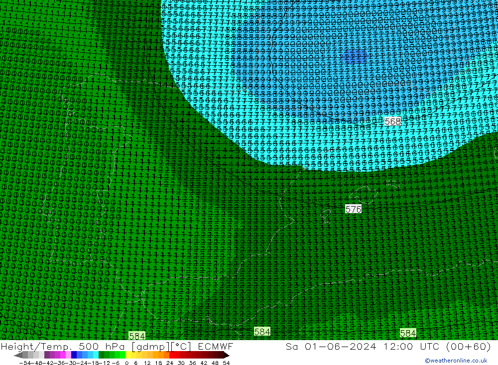 Height/Temp. 500 hPa ECMWF Sa 01.06.2024 12 UTC