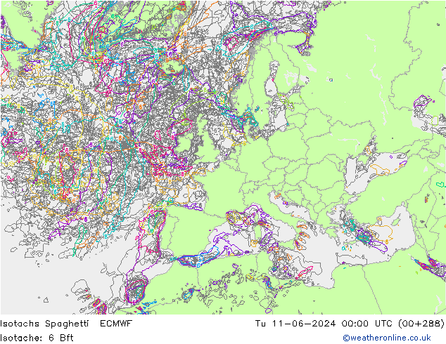 Isotachen Spaghetti ECMWF Di 11.06.2024 00 UTC