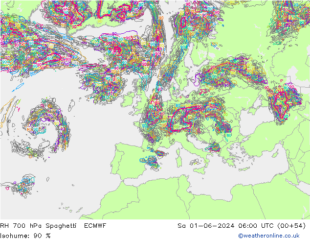 RH 700 hPa Spaghetti ECMWF so. 01.06.2024 06 UTC