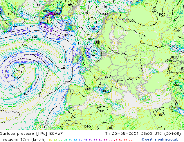 Isotachs (kph) ECMWF Qui 30.05.2024 06 UTC