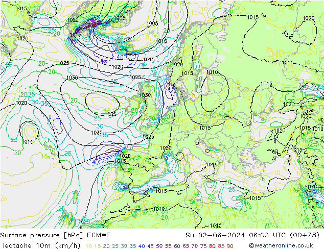 Isotachs (kph) ECMWF Su 02.06.2024 06 UTC