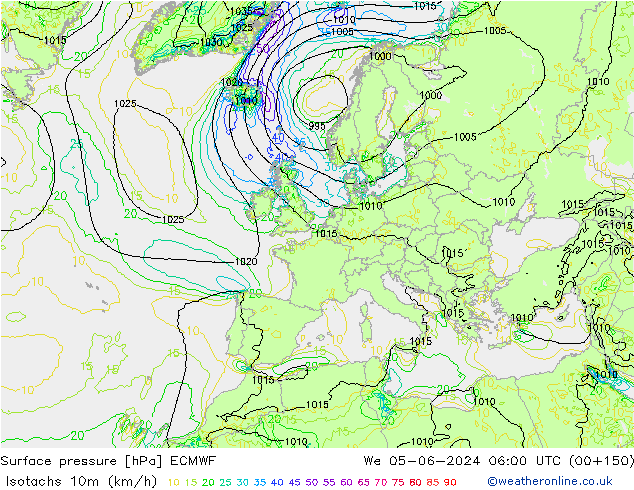 Isotachs (kph) ECMWF mer 05.06.2024 06 UTC