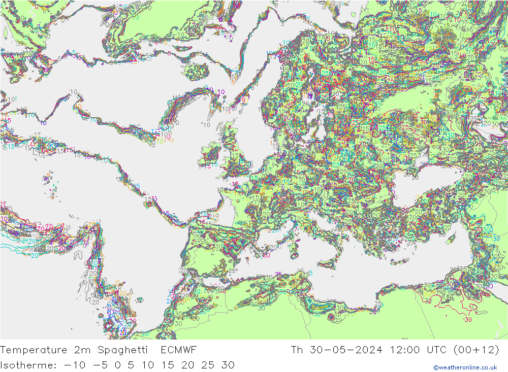 Temperature 2m Spaghetti ECMWF Th 30.05.2024 12 UTC