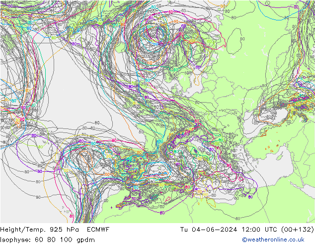 Height/Temp. 925 hPa ECMWF Tu 04.06.2024 12 UTC