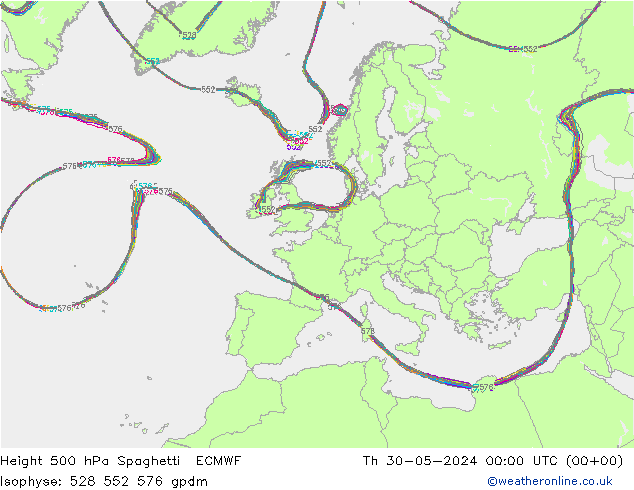 Height 500 hPa Spaghetti ECMWF Do 30.05.2024 00 UTC