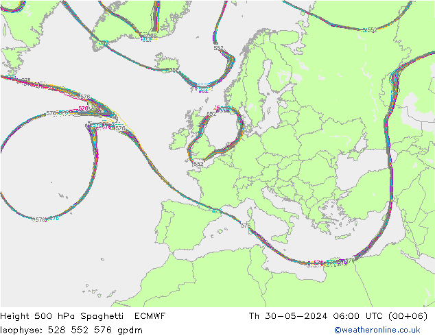 Height 500 hPa Spaghetti ECMWF Čt 30.05.2024 06 UTC