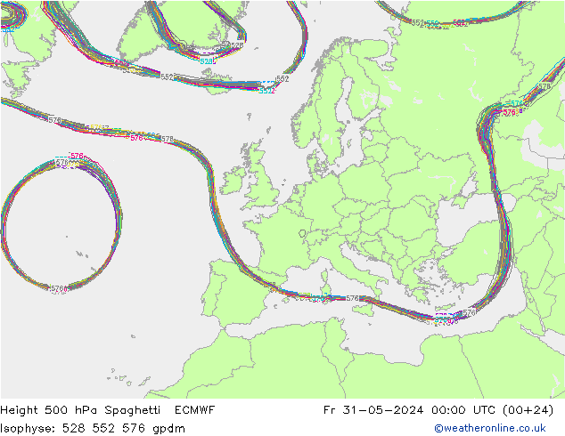 Height 500 hPa Spaghetti ECMWF Fr 31.05.2024 00 UTC