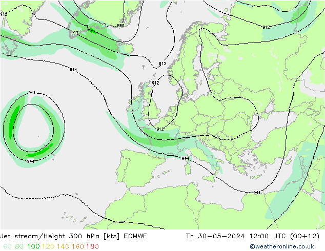Jet stream/Height 300 hPa ECMWF Čt 30.05.2024 12 UTC