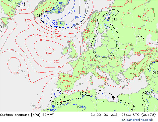 Luchtdruk (Grond) ECMWF zo 02.06.2024 06 UTC