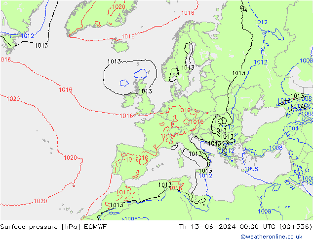 Surface pressure ECMWF Th 13.06.2024 00 UTC