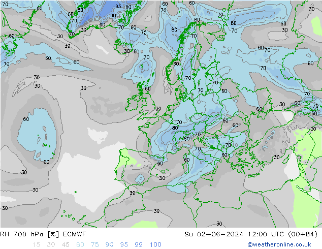 RH 700 hPa ECMWF Ne 02.06.2024 12 UTC