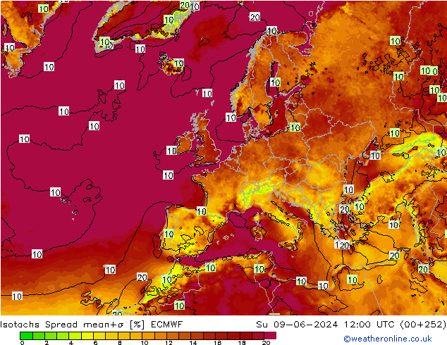 Isotachen Spread ECMWF zo 09.06.2024 12 UTC