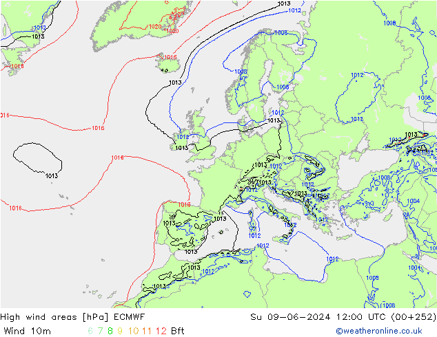 High wind areas ECMWF Dom 09.06.2024 12 UTC