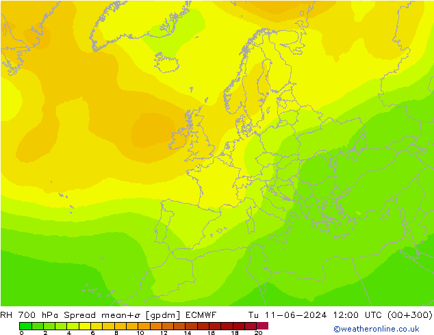 700 hPa Nispi Nem Spread ECMWF Sa 11.06.2024 12 UTC