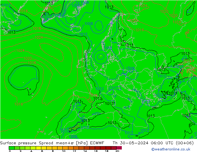 Atmosférický tlak Spread ECMWF Čt 30.05.2024 06 UTC