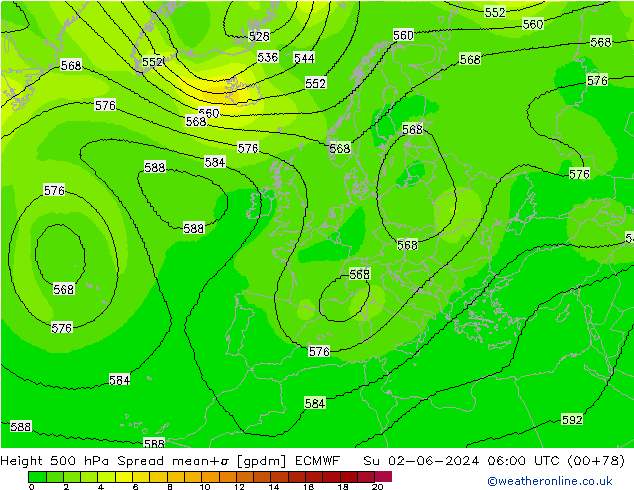 Height 500 hPa Spread ECMWF So 02.06.2024 06 UTC