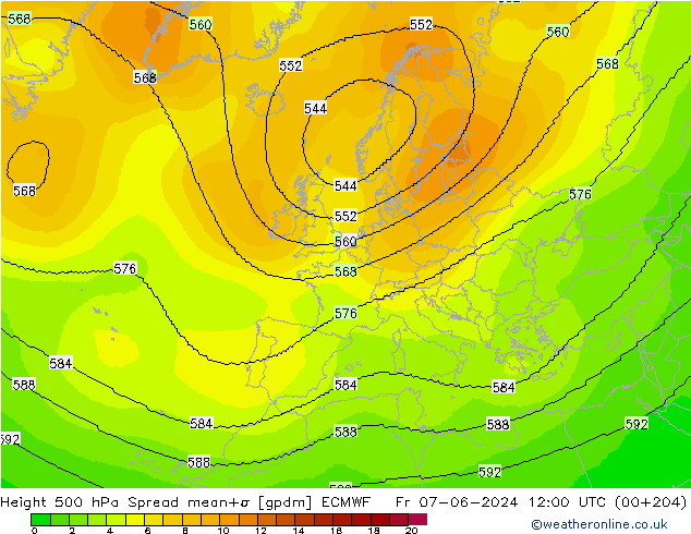 Height 500 hPa Spread ECMWF Pá 07.06.2024 12 UTC