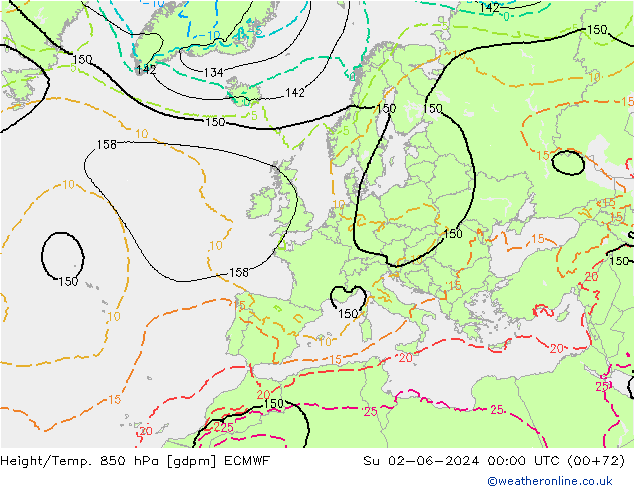 Geop./Temp. 850 hPa ECMWF dom 02.06.2024 00 UTC