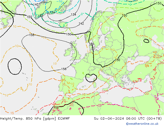 Geop./Temp. 850 hPa ECMWF dom 02.06.2024 06 UTC