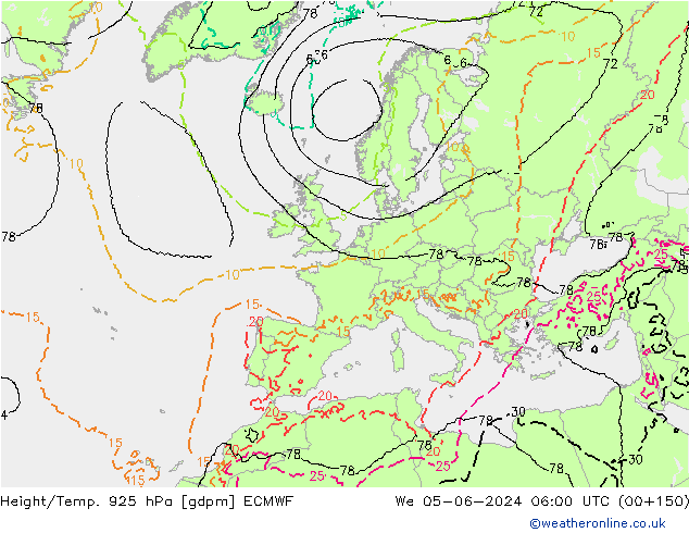 Geop./Temp. 925 hPa ECMWF mié 05.06.2024 06 UTC