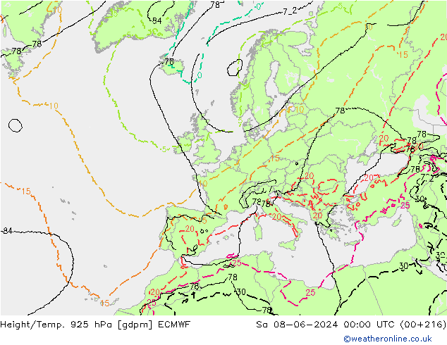 Height/Temp. 925 hPa ECMWF Sáb 08.06.2024 00 UTC