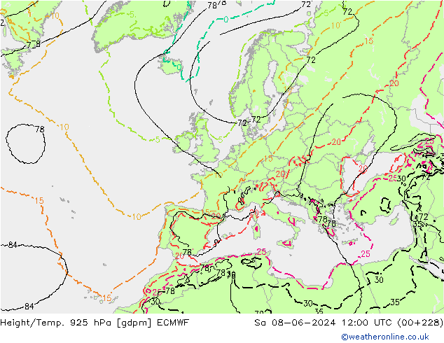 Height/Temp. 925 гПа ECMWF сб 08.06.2024 12 UTC