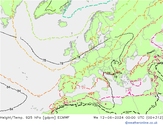 Height/Temp. 925 hPa ECMWF We 12.06.2024 00 UTC