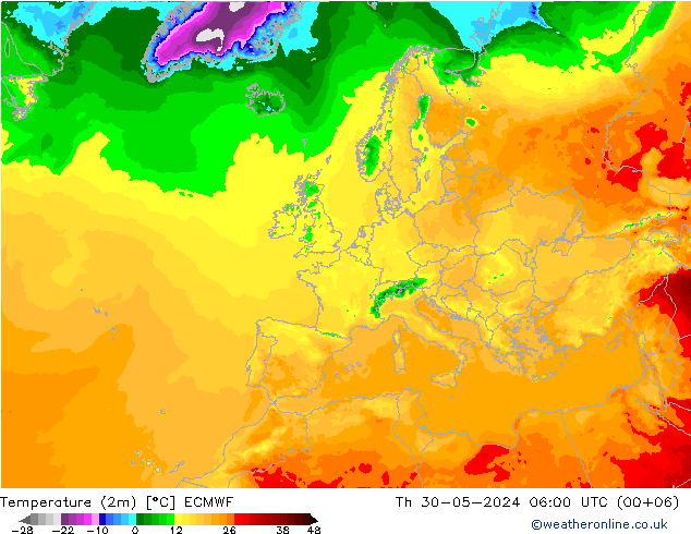 mapa temperatury (2m) ECMWF czw. 30.05.2024 06 UTC
