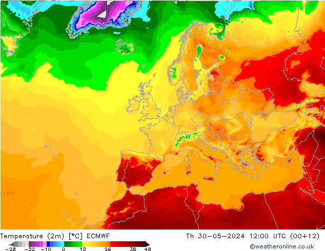 Temperatura (2m) ECMWF jue 30.05.2024 12 UTC