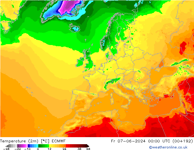 Temperatuurkaart (2m) ECMWF vr 07.06.2024 00 UTC