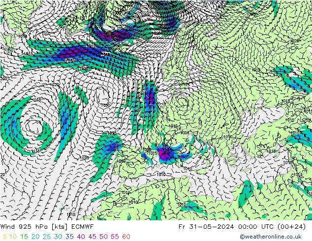 Vento 925 hPa ECMWF ven 31.05.2024 00 UTC