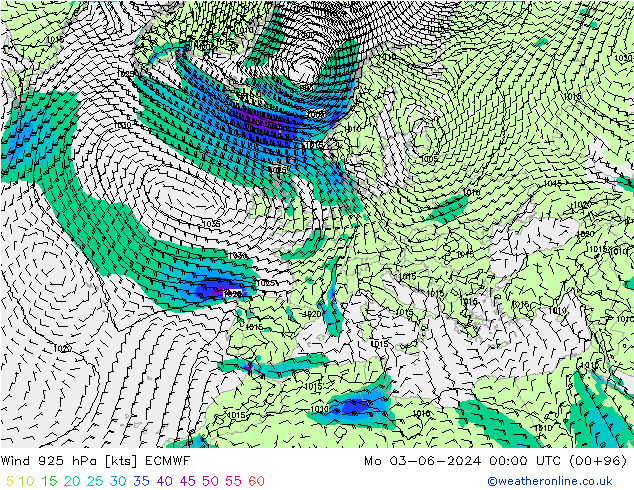 Vento 925 hPa ECMWF Seg 03.06.2024 00 UTC