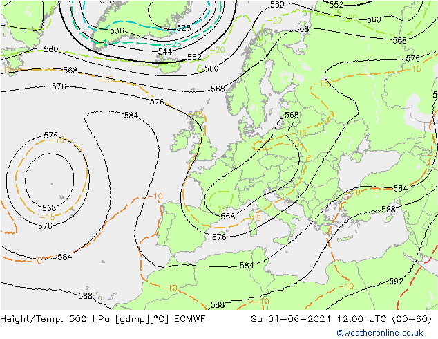 Hoogte/Temp. 500 hPa ECMWF za 01.06.2024 12 UTC
