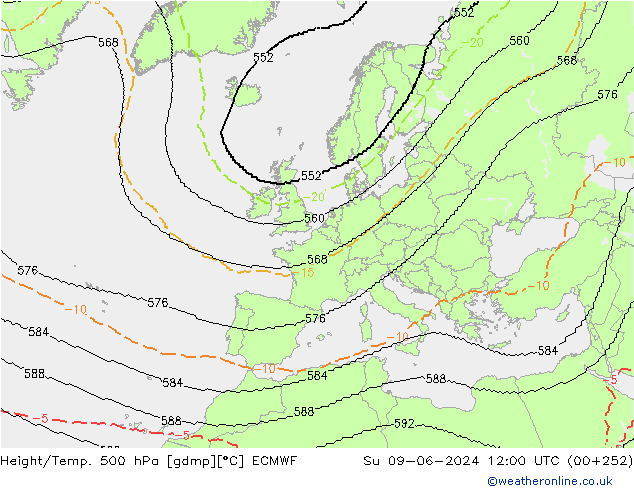 Height/Temp. 500 hPa ECMWF So 09.06.2024 12 UTC