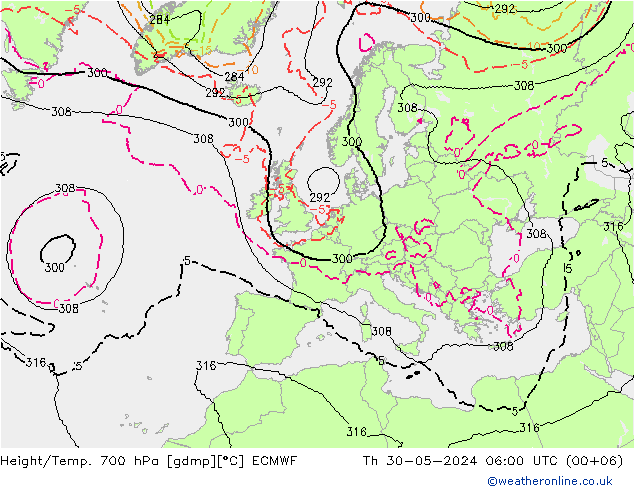 Height/Temp. 700 гПа ECMWF чт 30.05.2024 06 UTC