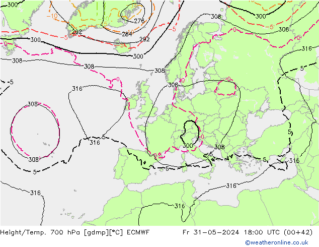 Height/Temp. 700 гПа ECMWF пт 31.05.2024 18 UTC