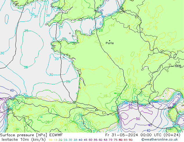 Isotachs (kph) ECMWF ven 31.05.2024 00 UTC