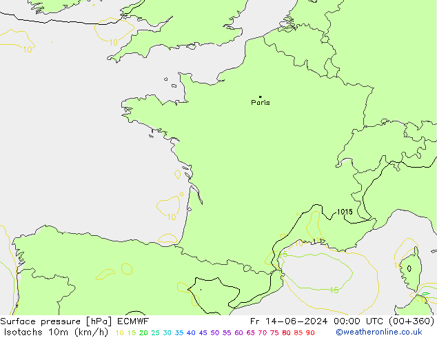 Isotachs (kph) ECMWF Fr 14.06.2024 00 UTC