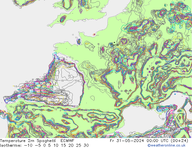 Temperatuurkaart Spaghetti ECMWF vr 31.05.2024 00 UTC