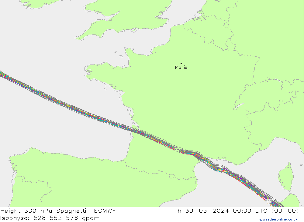 Height 500 hPa Spaghetti ECMWF  30.05.2024 00 UTC