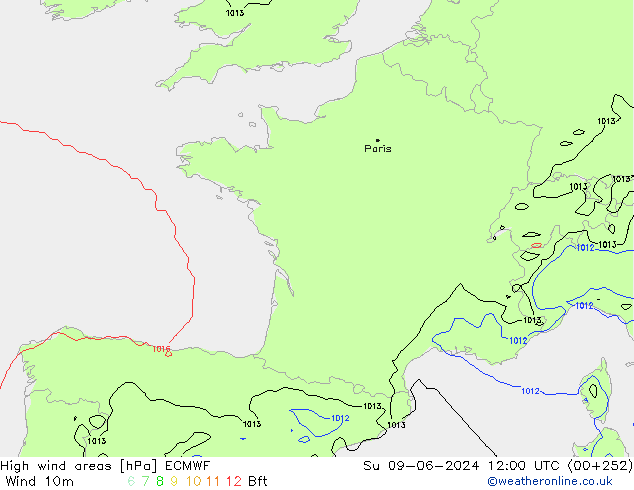 High wind areas ECMWF Su 09.06.2024 12 UTC