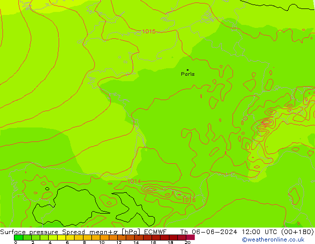 Surface pressure Spread ECMWF Th 06.06.2024 12 UTC