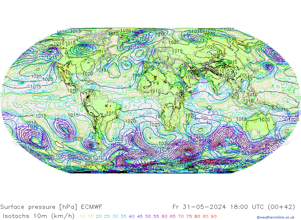 Eşrüzgar Hızları (km/sa) ECMWF Cu 31.05.2024 18 UTC