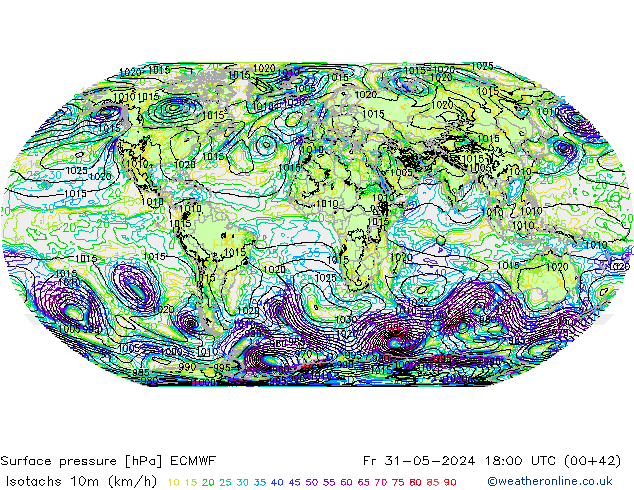 Eşrüzgar Hızları (km/sa) ECMWF Cu 31.05.2024 18 UTC