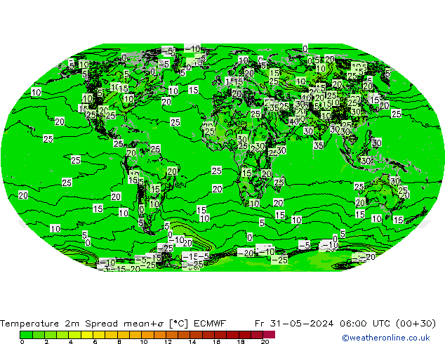 température 2m Spread ECMWF ven 31.05.2024 06 UTC