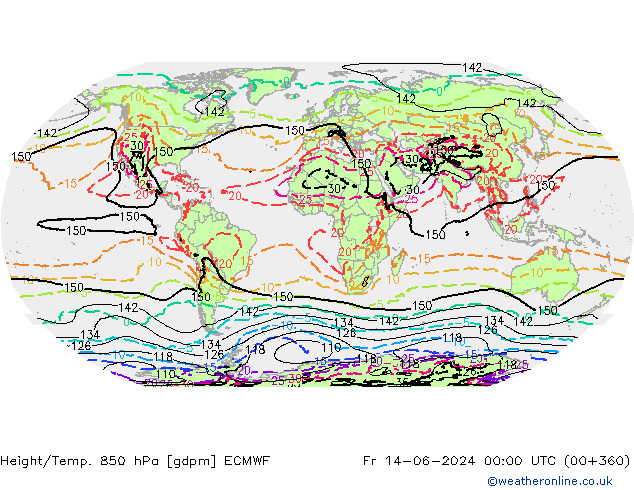 Hoogte/Temp. 850 hPa ECMWF vr 14.06.2024 00 UTC