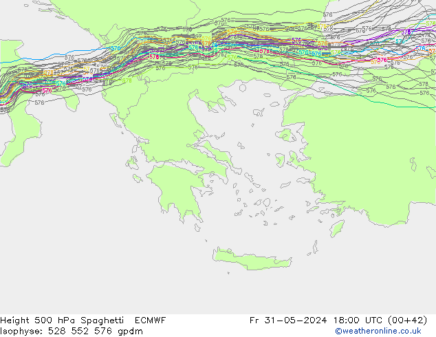 Height 500 гПа Spaghetti ECMWF пт 31.05.2024 18 UTC