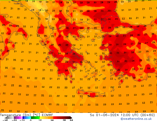 Temperatura (2m) ECMWF Sáb 01.06.2024 12 UTC