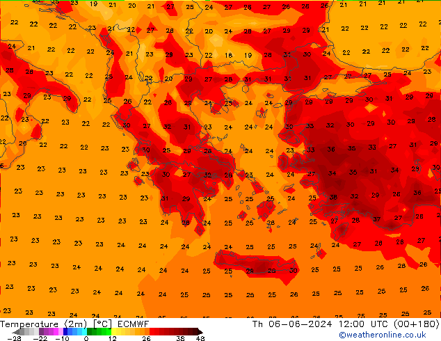 Temperatuurkaart (2m) ECMWF do 06.06.2024 12 UTC