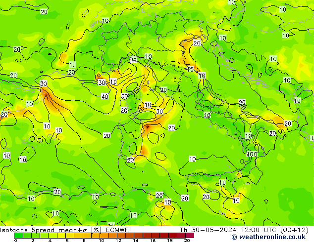 Isotachs Spread ECMWF Čt 30.05.2024 12 UTC